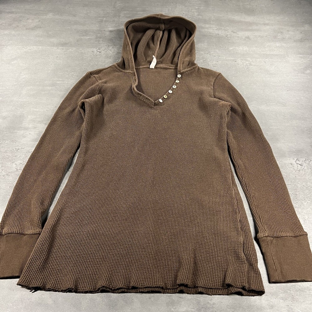 Old Navy Womens S Brown Waffle Knit Thermal Hoodie Button V-Neck Elena Gilbert